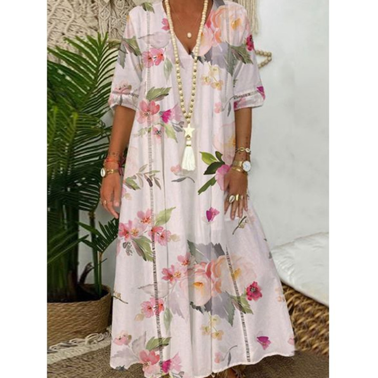 Women's Summer Long Sleeve Printed Lace Trim Dress