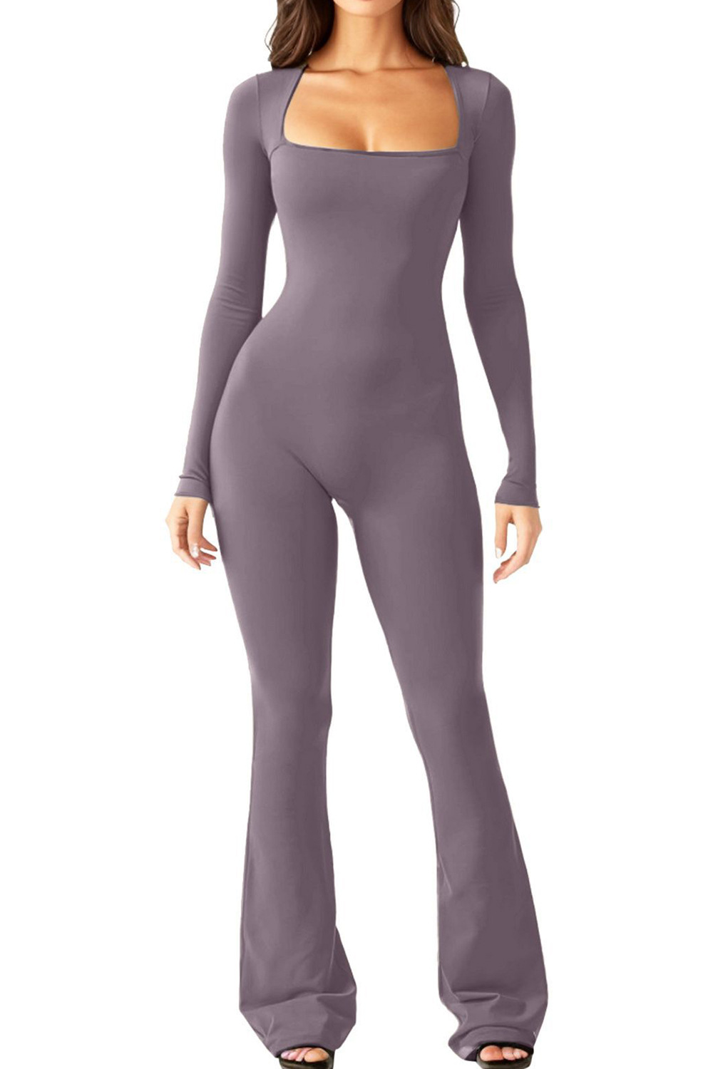 Women's Long Sleeve Square Neck Wide Leg Jumpsuit with Tummy Control and Butt Lifting