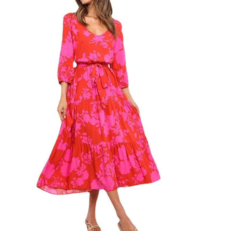 V-Neck Floral Print A-Line Maxi Dress