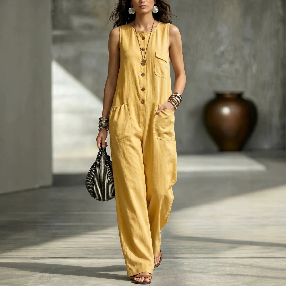 Sleeveless Wide-Leg Jumpsuit with Pockets Casual