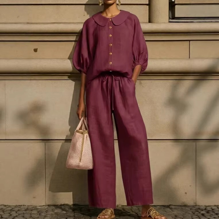 Women's Cotton-Linen Lantern Sleeve Shirt & Drawstring Pants Set