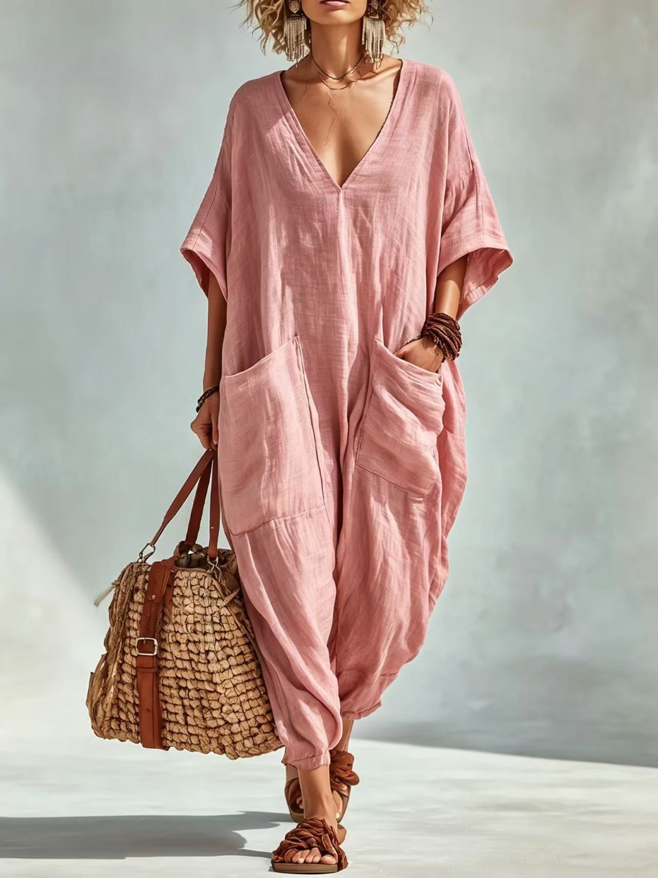 Women's Loose V-Neck Linen-Blend Jumpsuit with Pockets, Lantern Pants, Beach Vacation