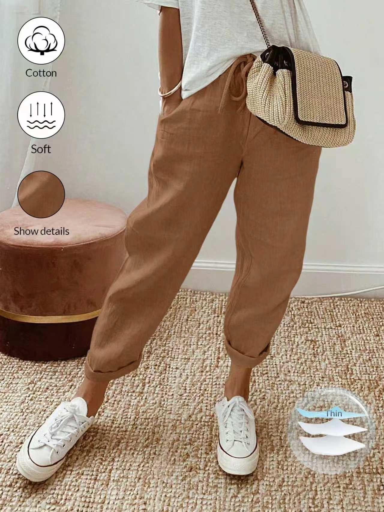 Women's Cotton Linen Cropped Pants with Pockets and Elastic Waist, Loose Casual