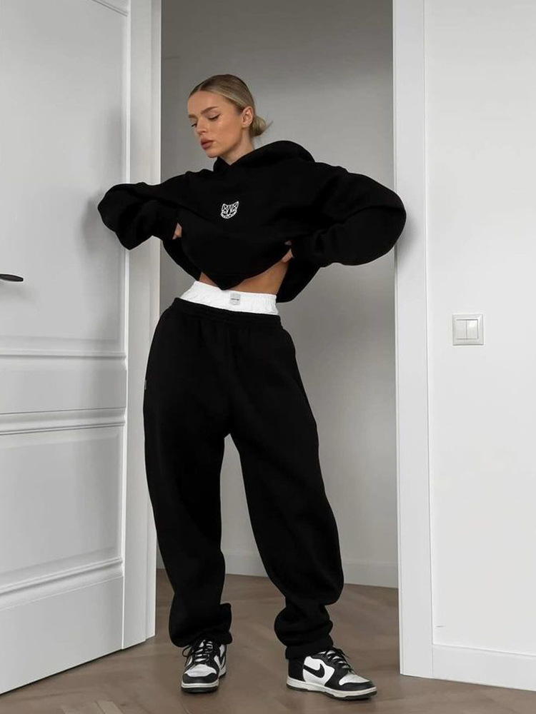 Women's Graphic Print Hoodie and Pants Set Loose Fleece-Lined Streetwear