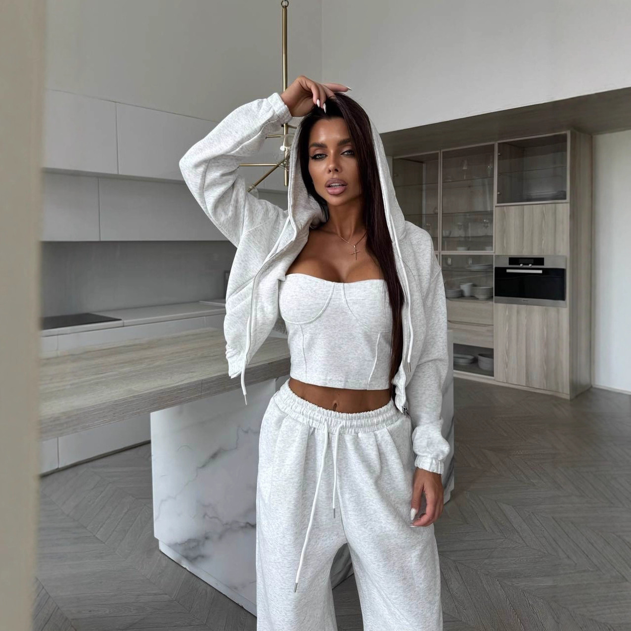 Women's Solid Color Hooded Zip Cardigan Sweatshirt and Wide-Leg Pants Two-Piece Set