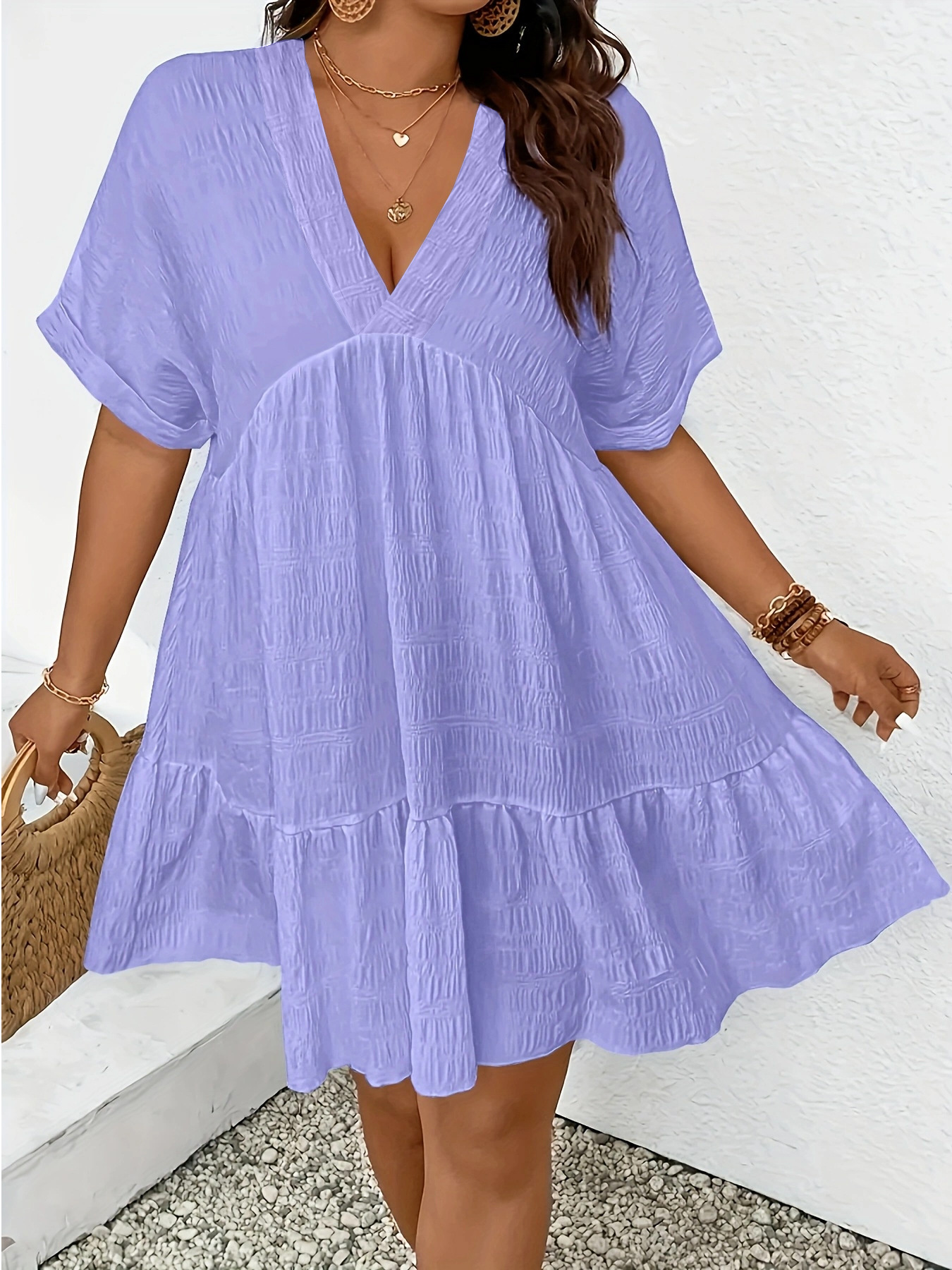 Women's Summer Casual Deep V-Neck Short Sleeve Loose Dress