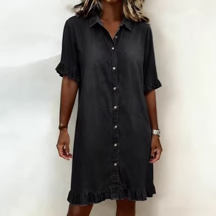 Washed Denim Dress Women's Single-Breasted High-Waist Knee-Length Short Dress