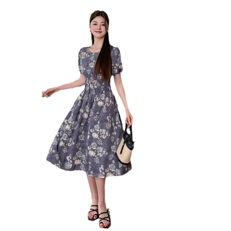 Women's French Style Purple Floral Midi Dress with Cinched Waist