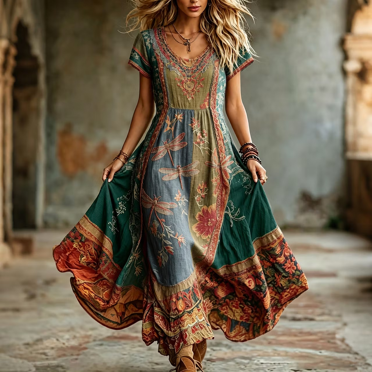 Women's Floral Print Ruched Midi Dress Short Sleeve Crew Neck
