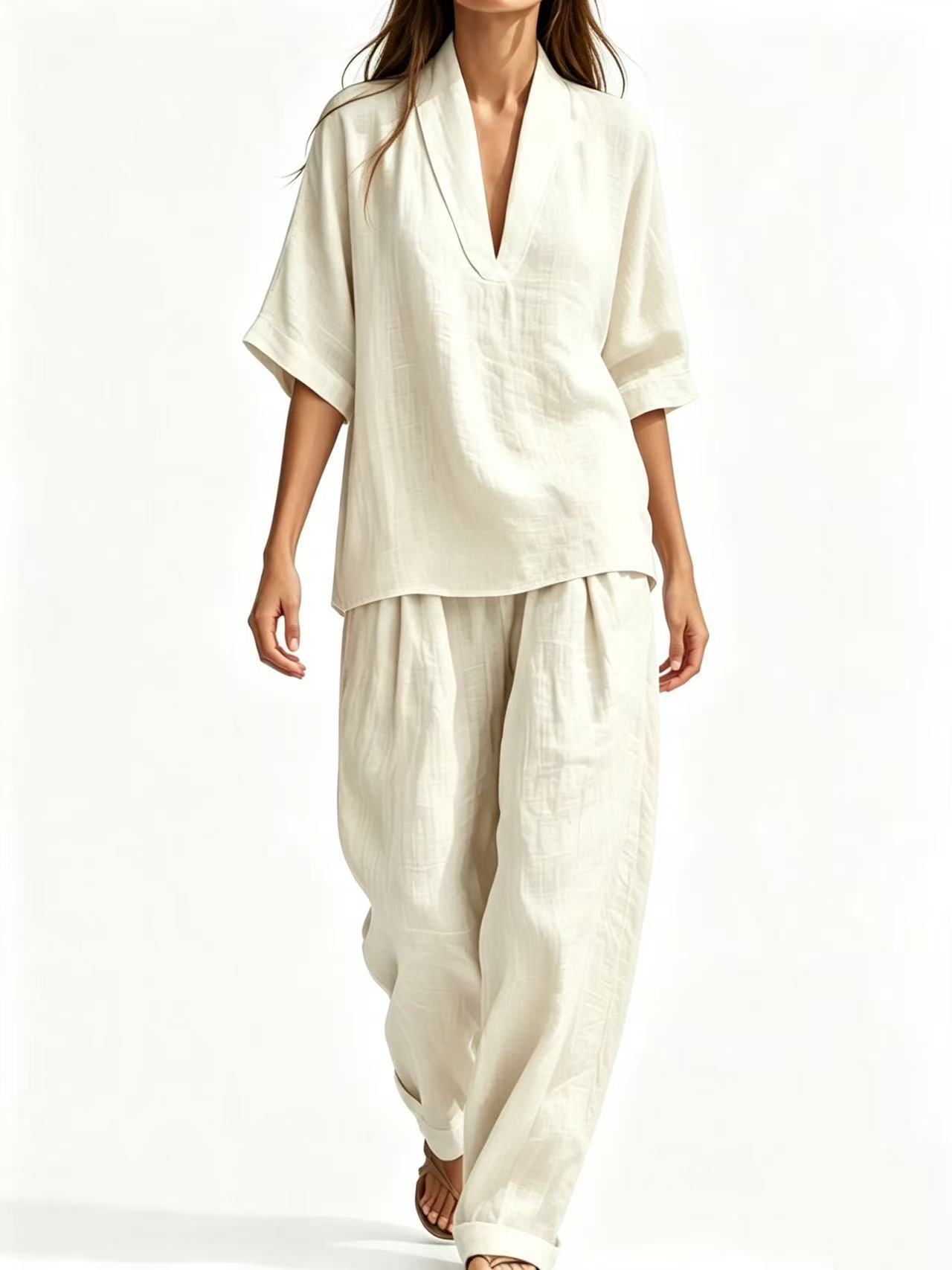 Women's Casual Linen Two-Piece Set Short Sleeve Tee & Pants