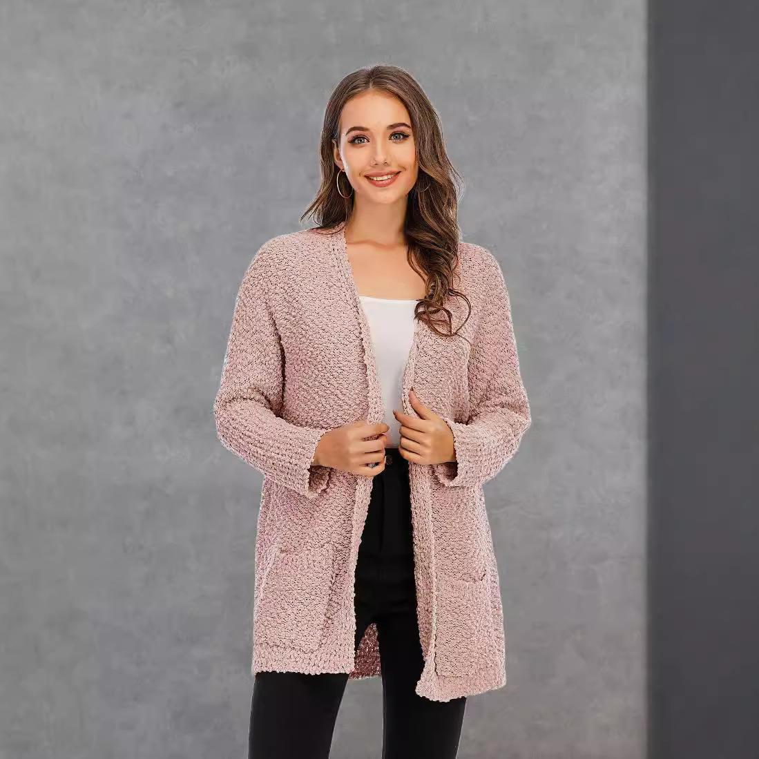 Plus Size Knit Cardigan with Pockets Mid-Length Sweater Coat