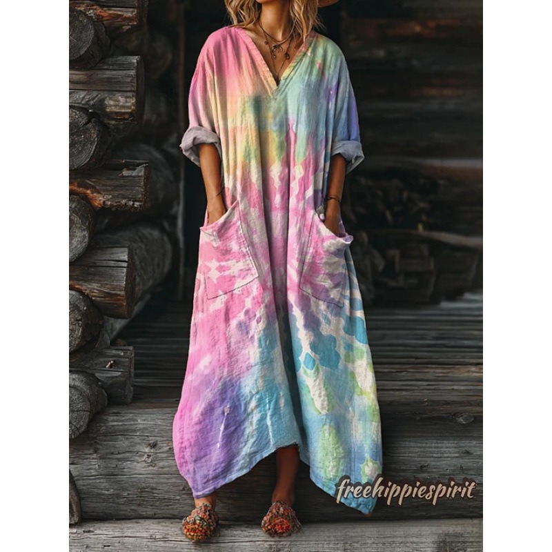 Women's Floral Ripple Print V-Neck A-Line Midi Dress Long Sleeve