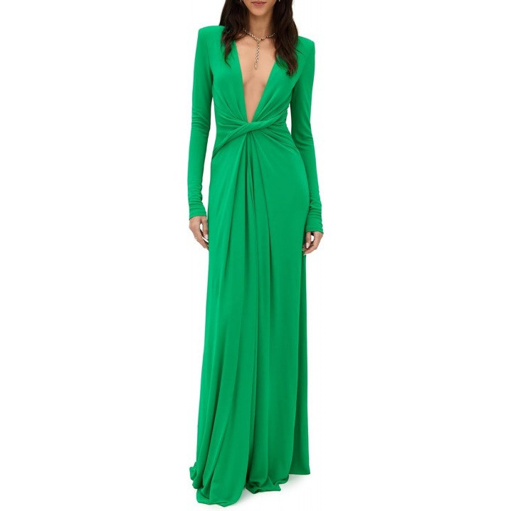V-Neck Slim Fit Bodycon Midi Dress Long Sleeve Twist Front Elegant Party Dress