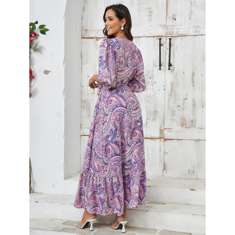 Suede A-Line Midi Dress with V-Neck and Lantern Sleeves