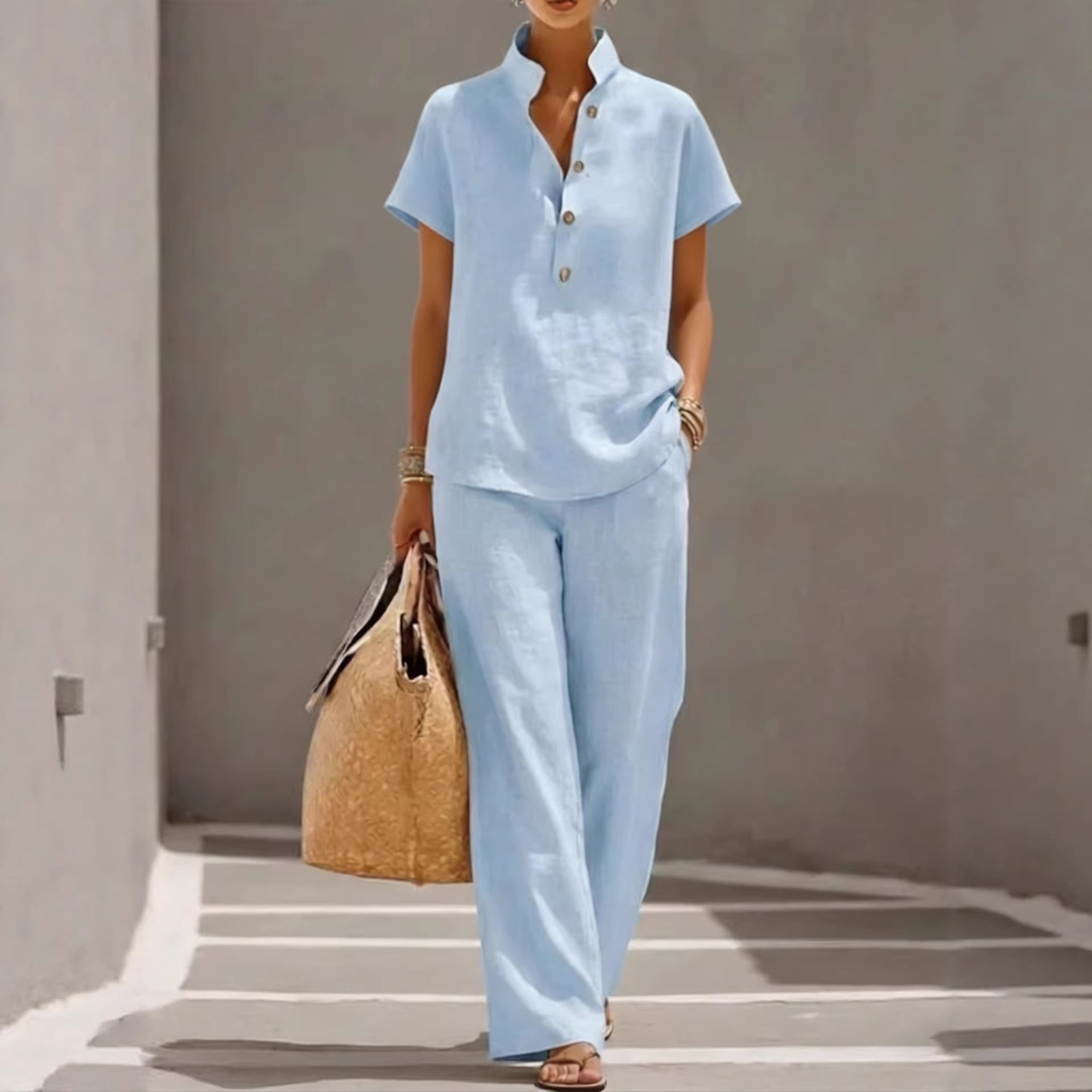 Women's Casual Open-Front Cardigan & Pants Set Solid Color