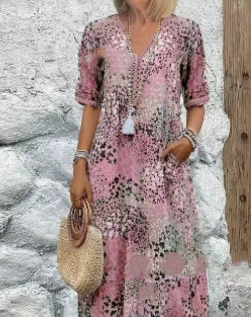 Women's Floral V-Neck Midi Dress with Pockets