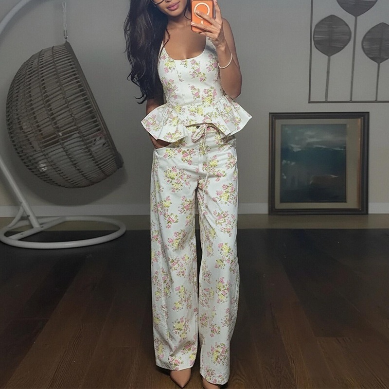 Women's Printed Cami Top and Wide-Leg Pants Set