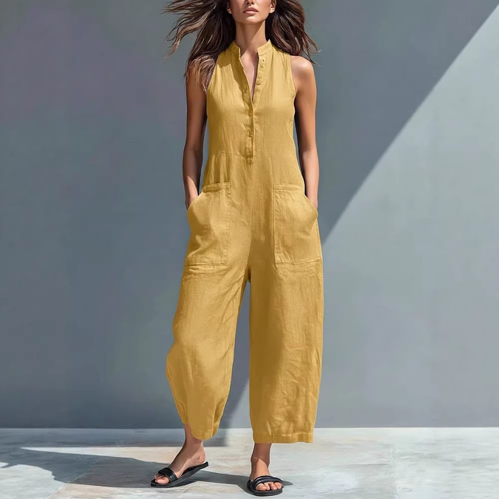 Women's Linen-Blend Button-Front Sleeveless Wide-Leg Jumpsuit