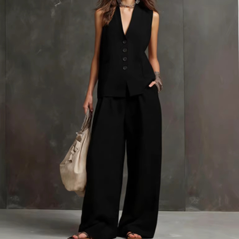 Women's Sleeveless Button Two-Piece Pant Set