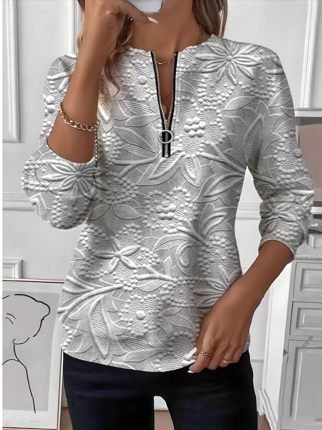 Retro Leaf Floral Print Half-Zip Hoodie for Women
