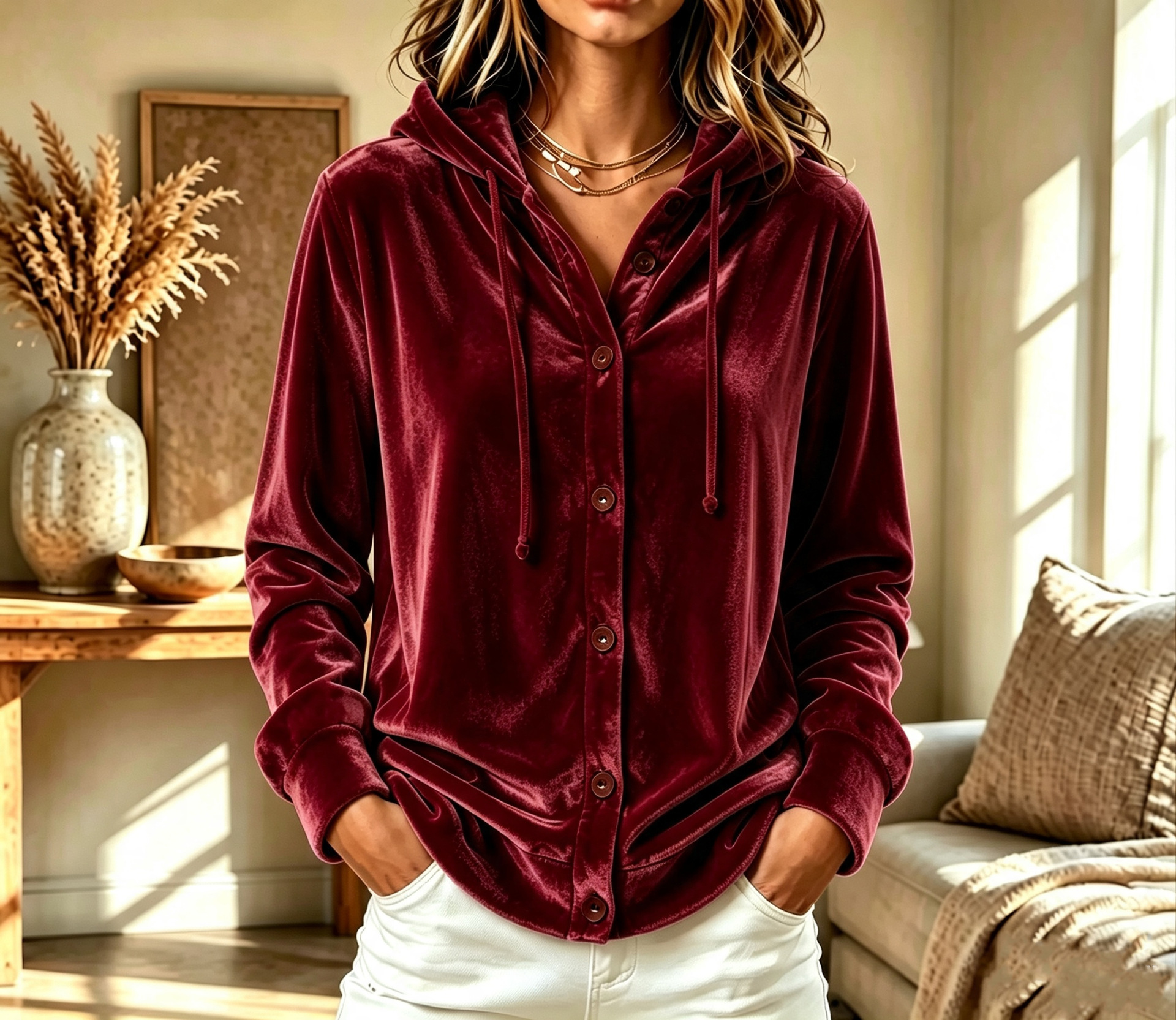 Button Drawstring Loose Velvet Hooded Women's Jacket Retro Casual