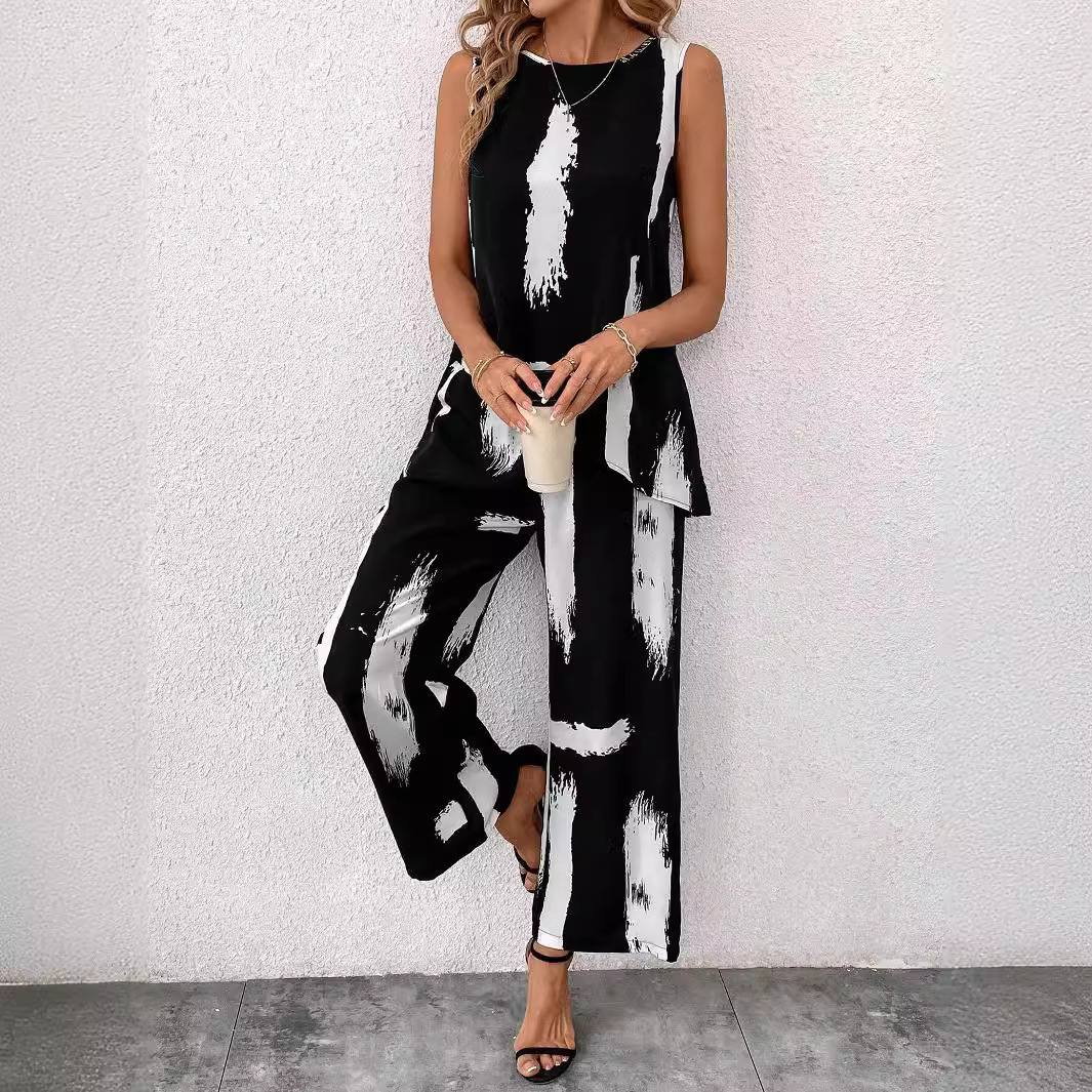Women's Casual Sleeveless Printed Top and Straight-Leg Pants Set
