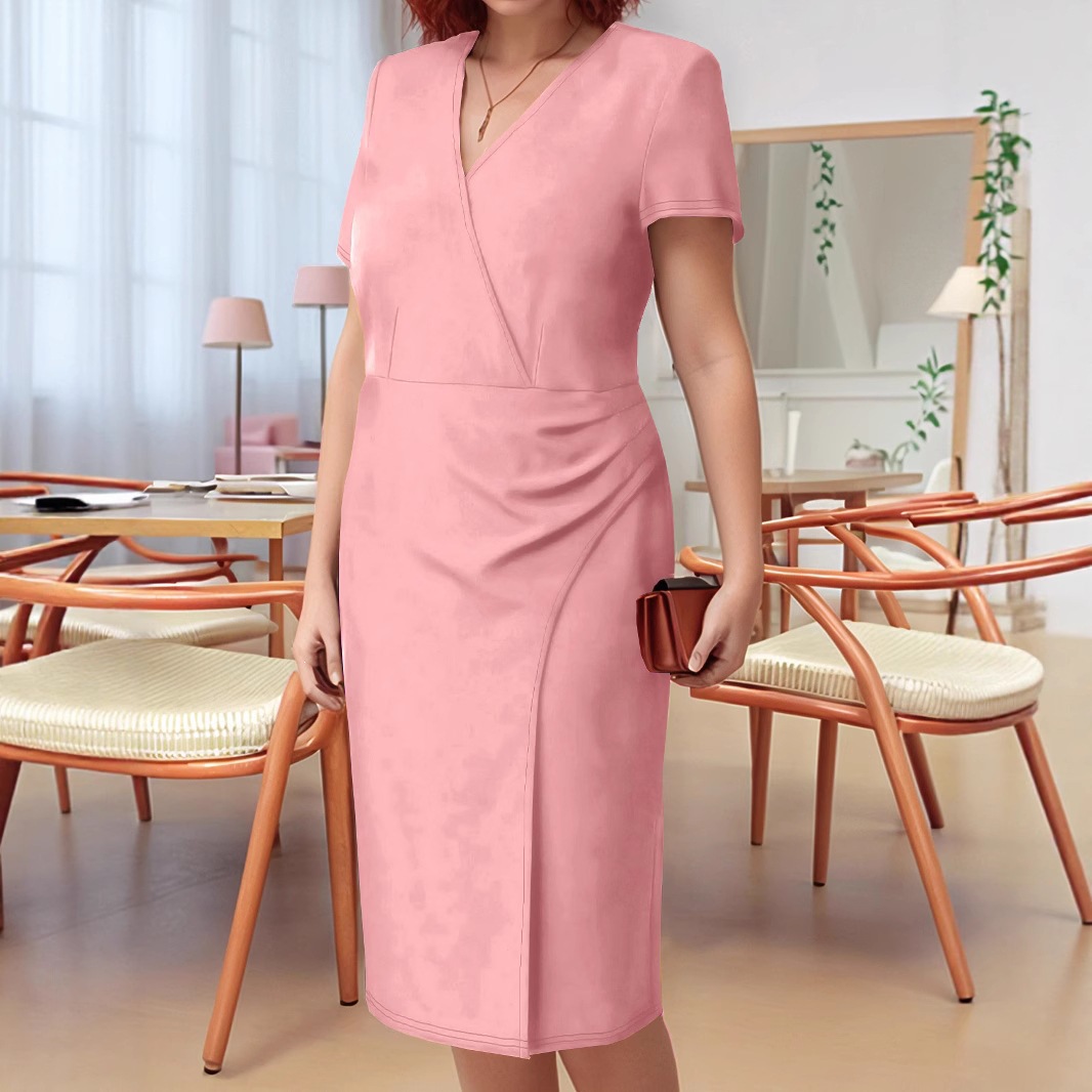 Plus Size V-Neck Slit Bodycon Dress Short Sleeve Twist Front Office Wear