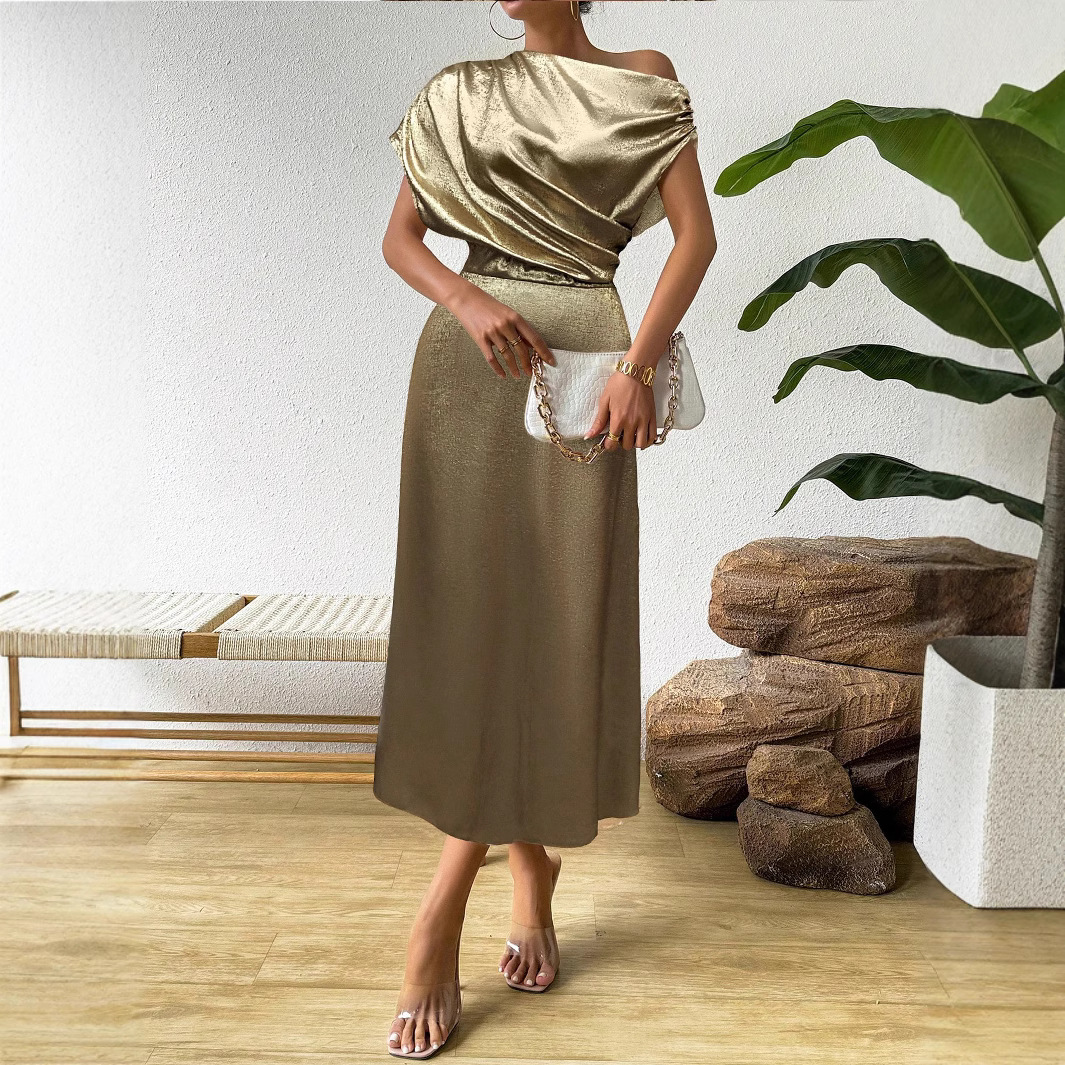 Solid Satin One-Shoulder A-Line Midi Dress