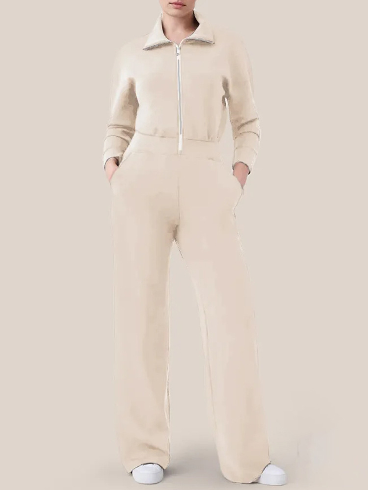 Women's Long Sleeve Wide Leg Jumpsuit Zip Collar Sweatsuit