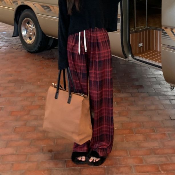 Retro Red Plaid High-Waist Straight-Leg Pants for Women