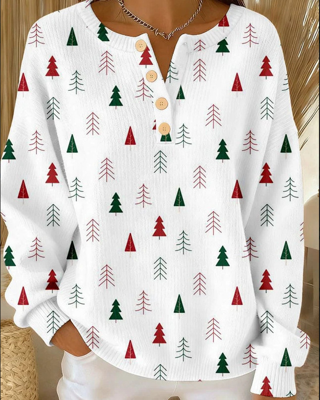 Women's Plaid Tree Floral Polka Dot Print Button Sweatshirt