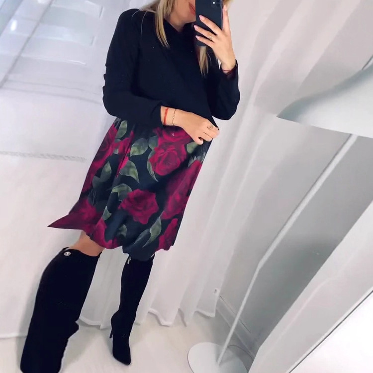 Elegant Floral Print Spliced Bubble Hem Midi Dress