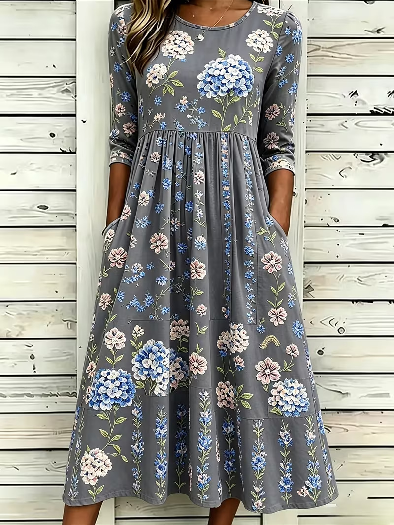 Women's Fresh Floral Print Ruched Midi Dress