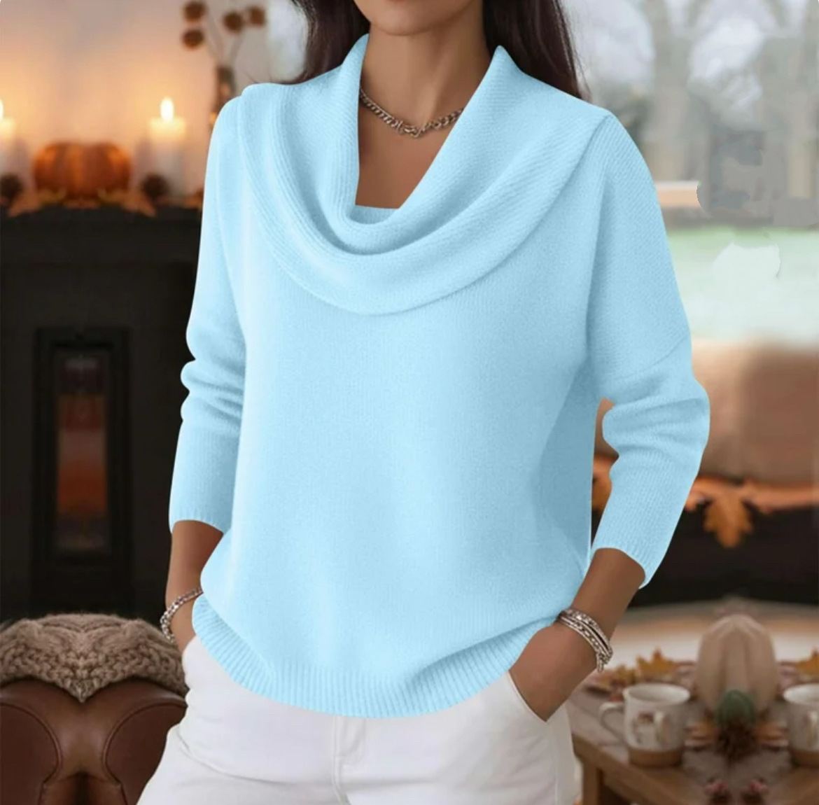 Women's Solid Color Long Sleeve Cowl Neck Knit Pullover Sweater