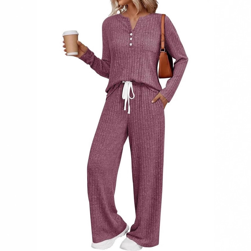 Women's V-Neck Two-Piece Pajama Set Long Sleeve Loungewear