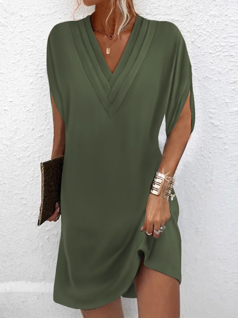 Women's V-Neck Pleated Batwing Sleeve Midi Dress
