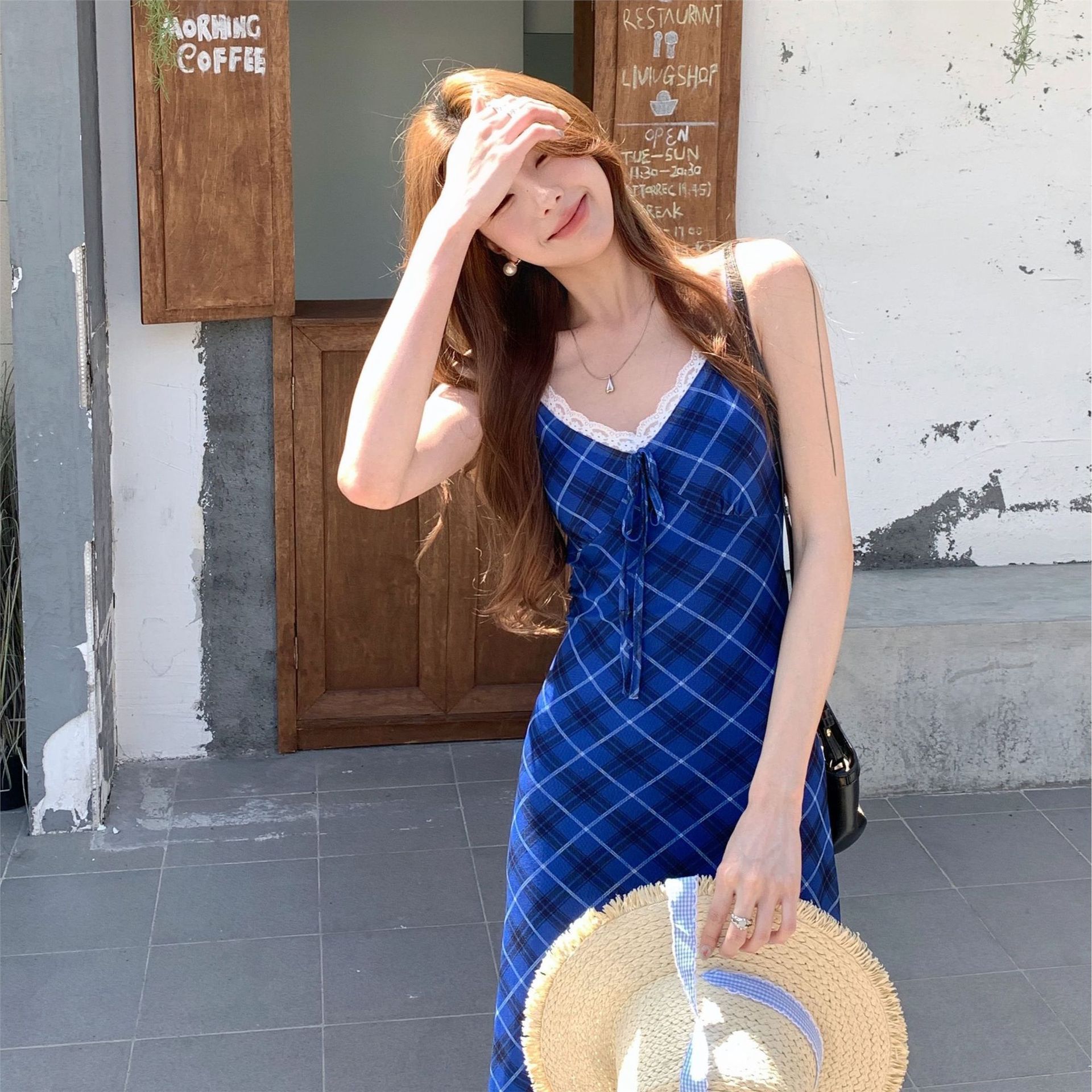 New Chinese Style French Vintage Blue Slip Dress