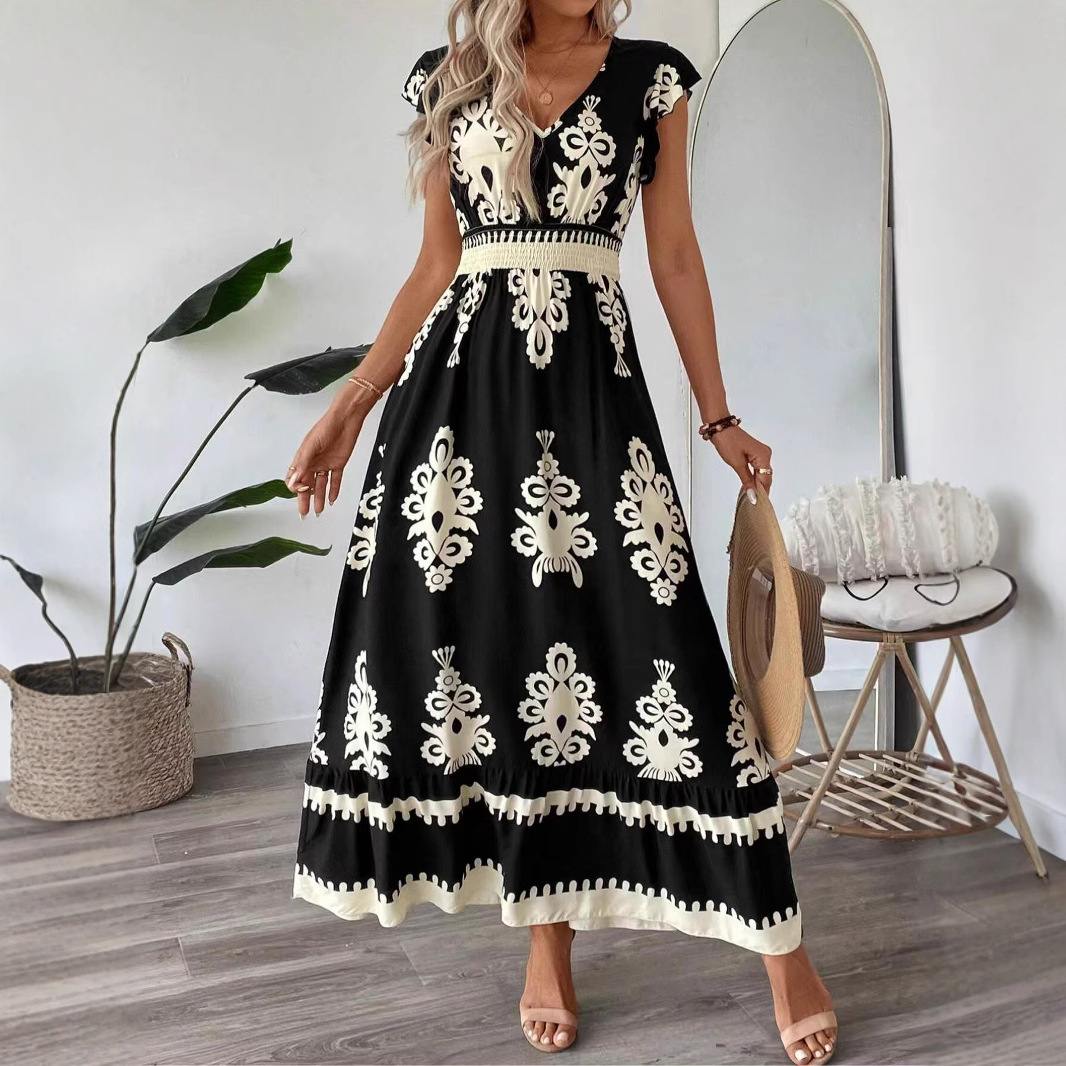 Women's Floral Print V-Neck Midi Dress with Waist Tie