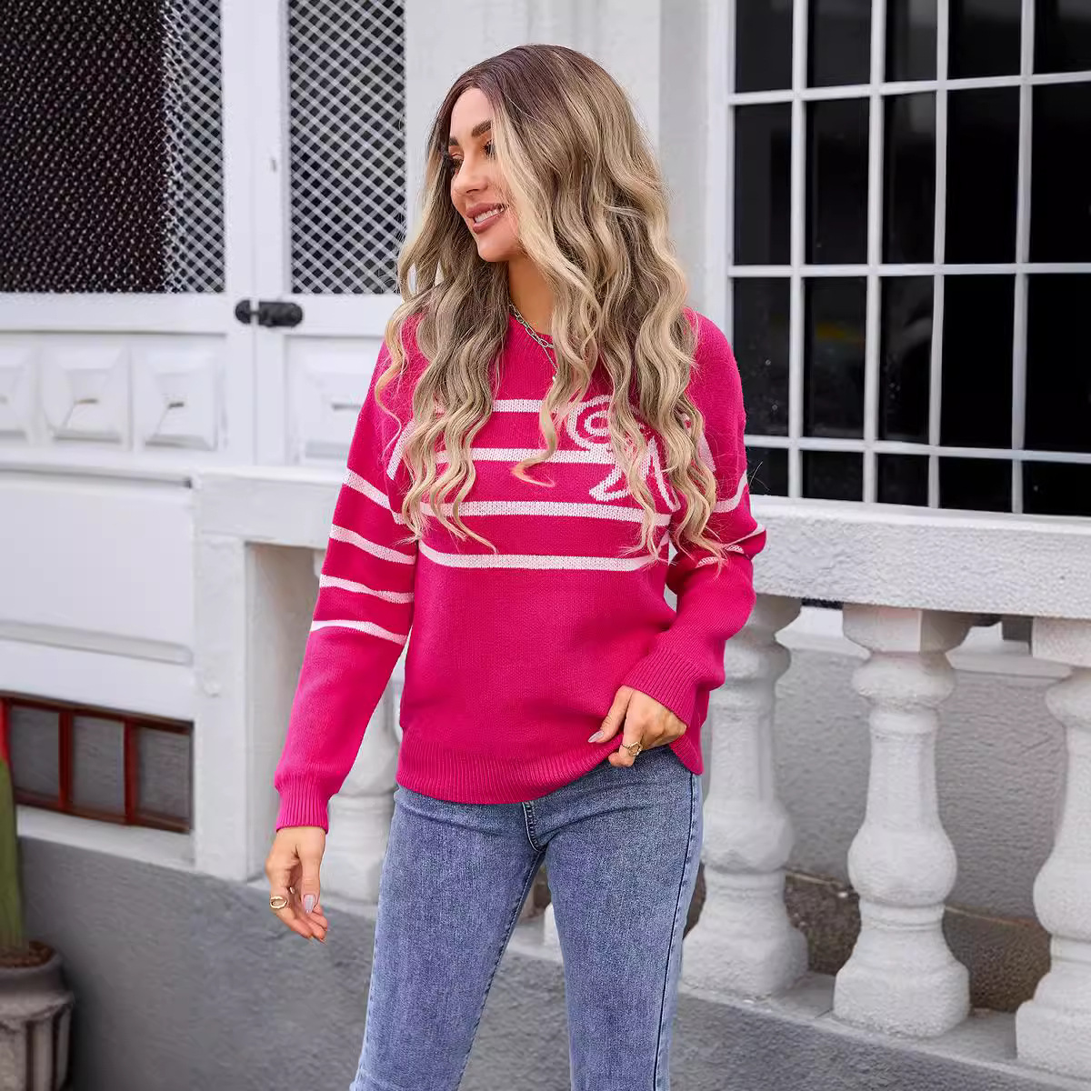Striped Bow Round Neck Floral Knit Sweater