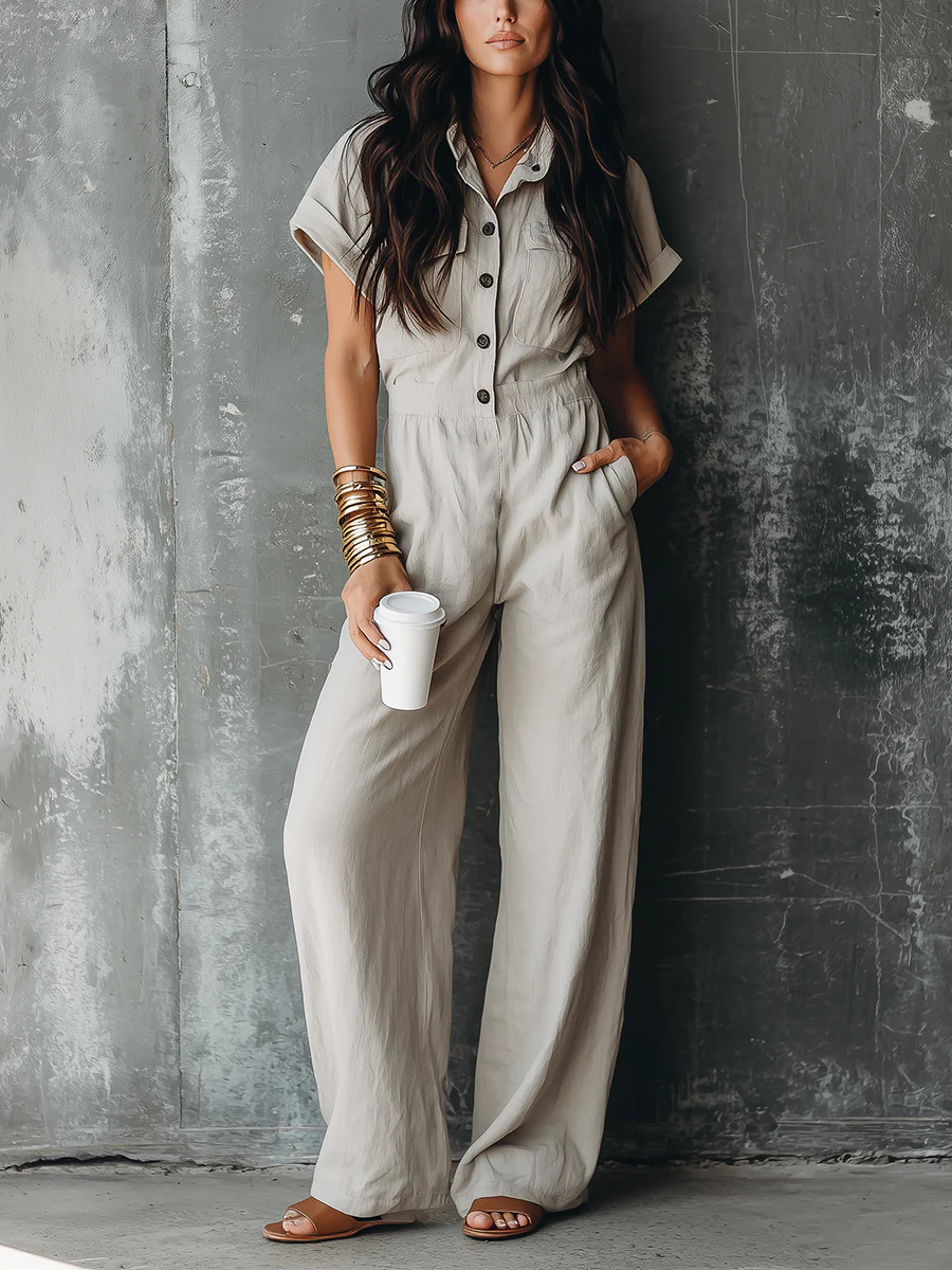 Elegant Button-Front Multi-Pocket Jumpsuit