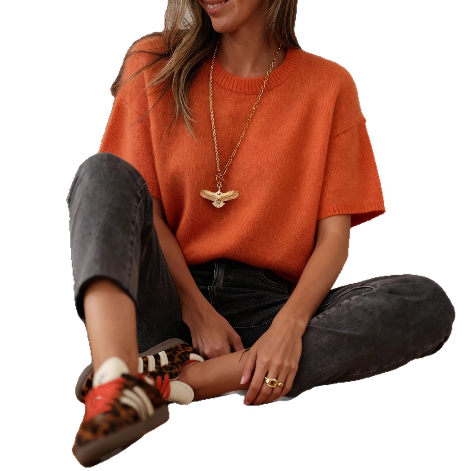 Women's Crewneck Knit Sweater Loose Long Sleeve Pullover Top
