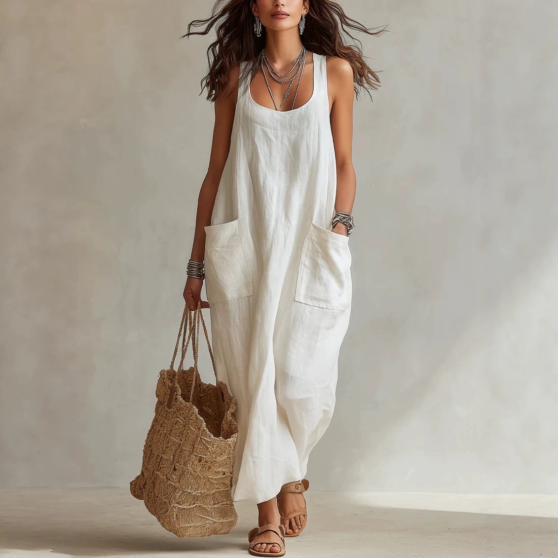 Women's Cotton-Linen Sleeveless A-Line Maxi Dress with Pockets