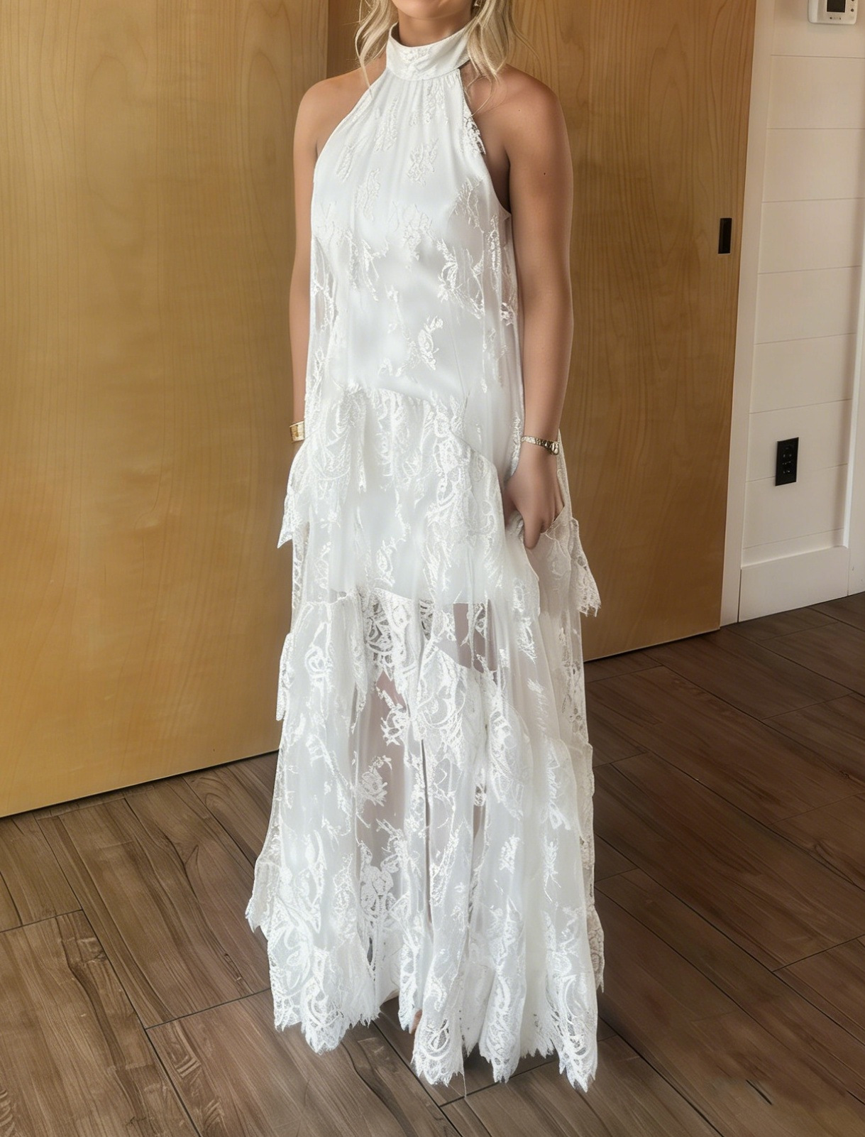 White Lace Halter Neck Sleeveless High Neck Layered Maxi Dress