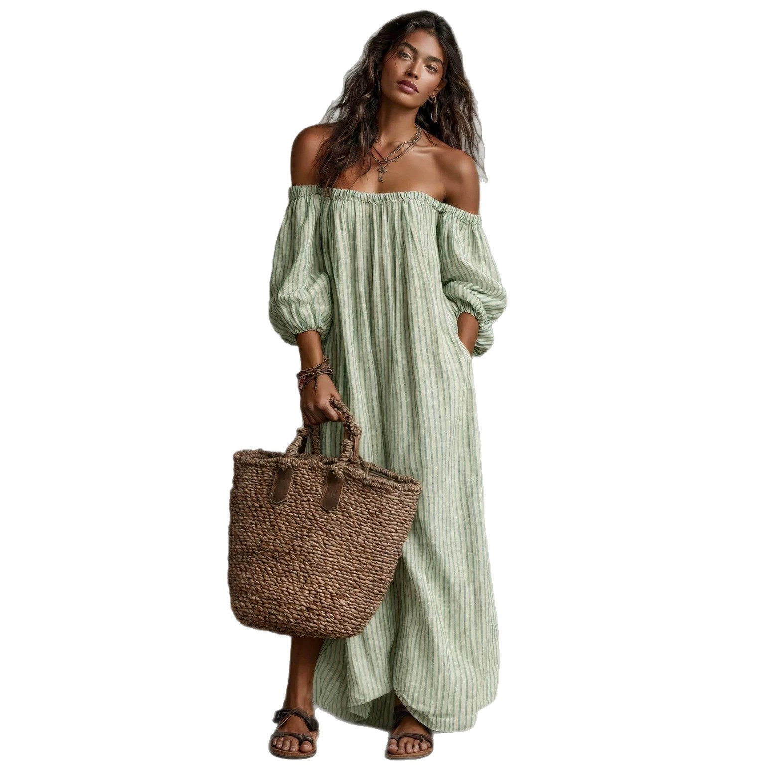 Striped Off-Shoulder Cotton-Linen Maxi Dress