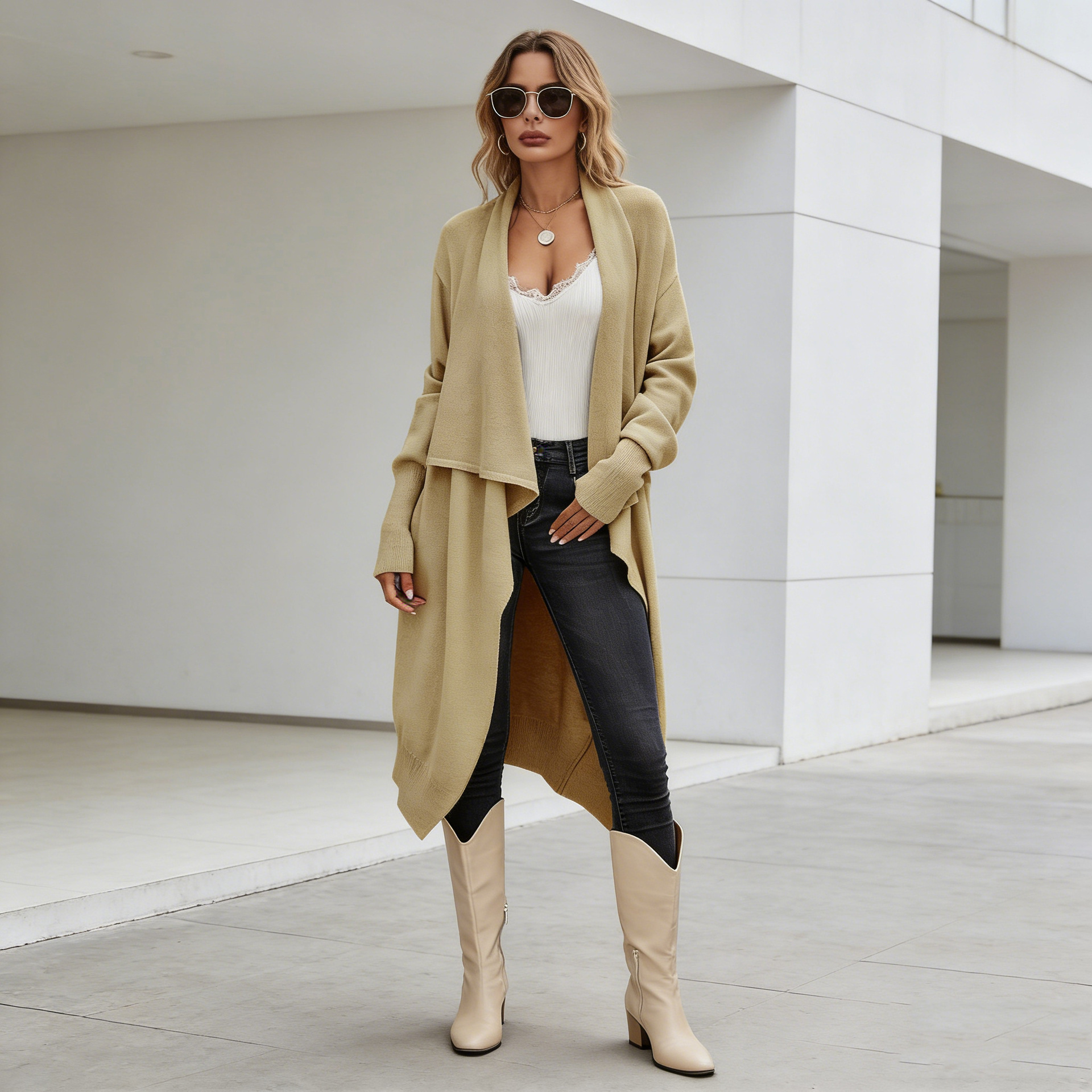 Women's Mid-Length Knit Solid Color Loose Cardigan Jacket