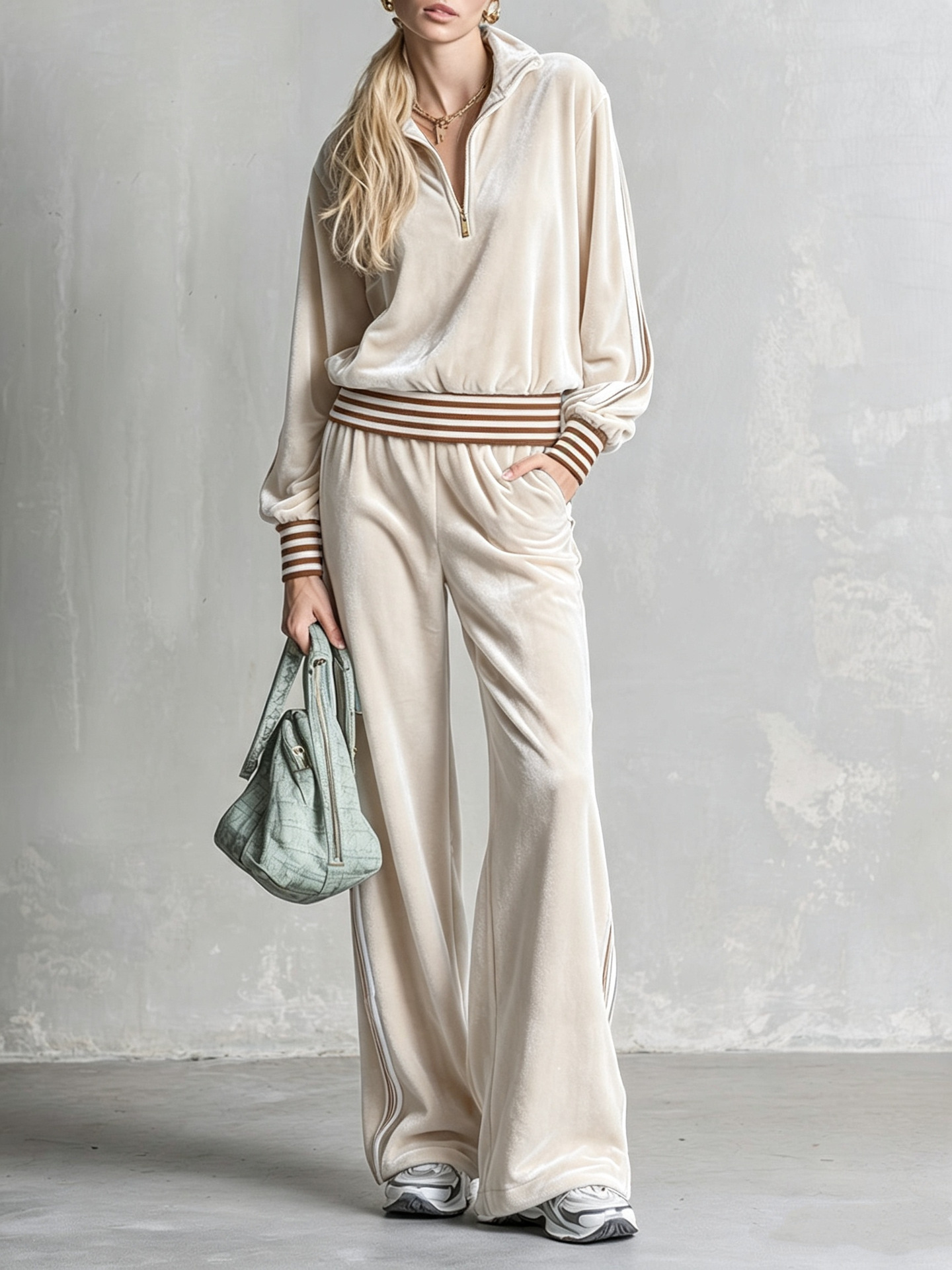Velvet Side-Stripe Wide-Leg Drawstring Sweatpants