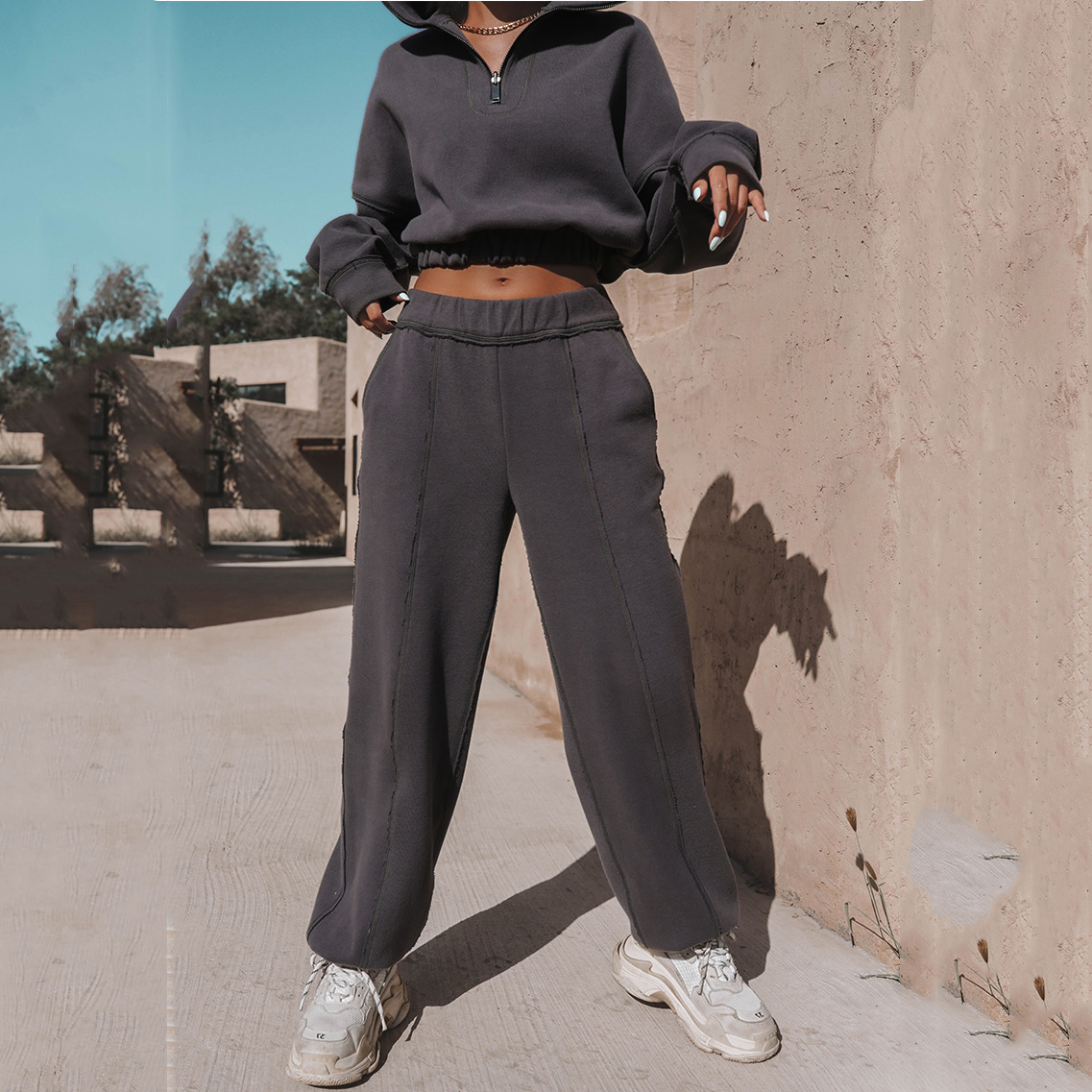 Women's Casual Sportswear Two-Piece Sweatsuit Set Long Sleeve Solid Color