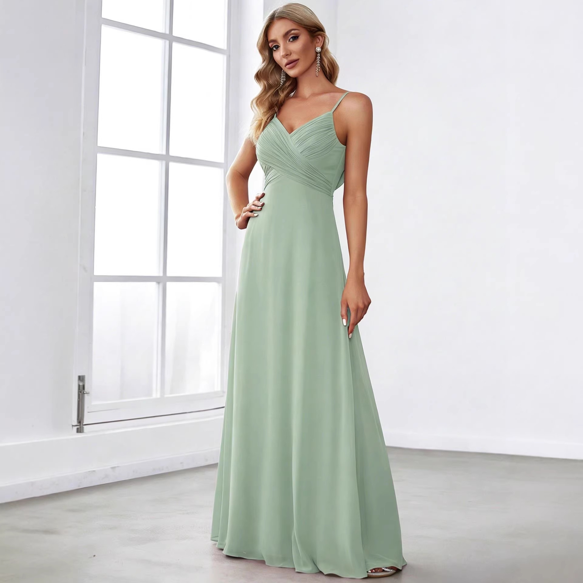 Solid Deep V-Neck Sleeveless Pleated Chiffon Maxi Dress