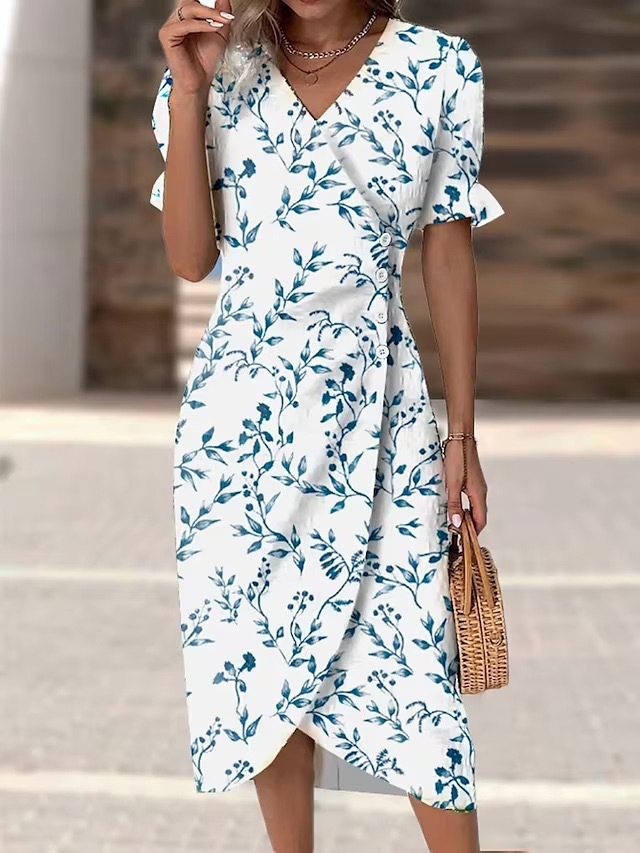 Geometric Patchwork Puff Sleeve Asymmetrical Hem Dress