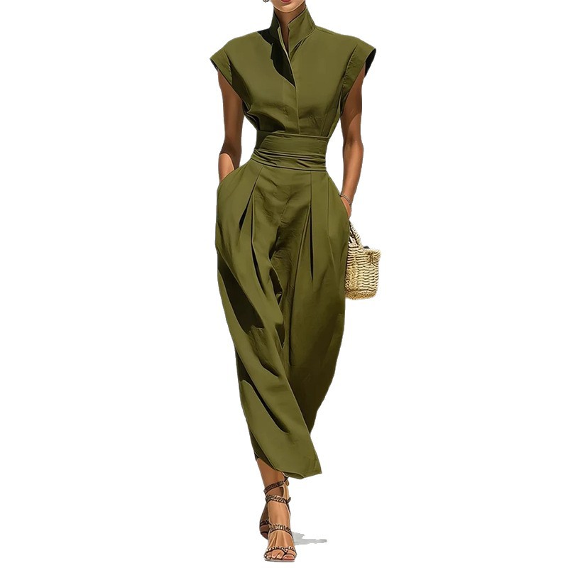 Elegant Stand Collar Solid Color Flutter Sleeve Dress